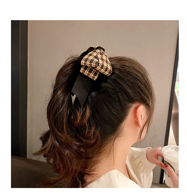 Vintage Green Houndstooth Bow Hairpin Ribbon Banana Clip For Girls High Ponytail Hair Clips Spring Clip Hair Accessories Women