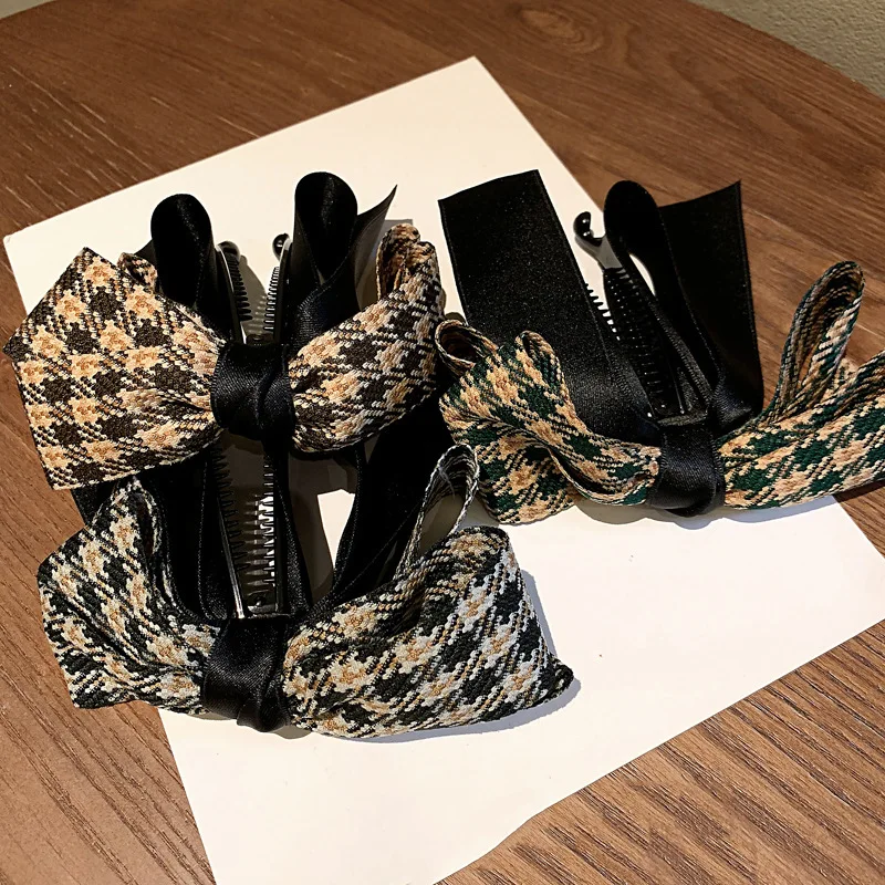 Vintage Green Houndstooth Bow Hairpin Ribbon Banana Clip For Girls High Ponytail Hair Clips Spring Clip Hair Accessories Women