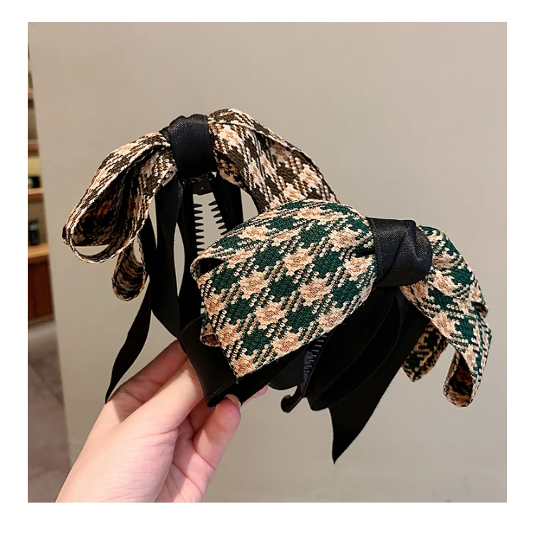 Vintage Green Houndstooth Bow Hairpin Ribbon Banana Clip For Girls High Ponytail Hair Clips Spring Clip Hair Accessories Women