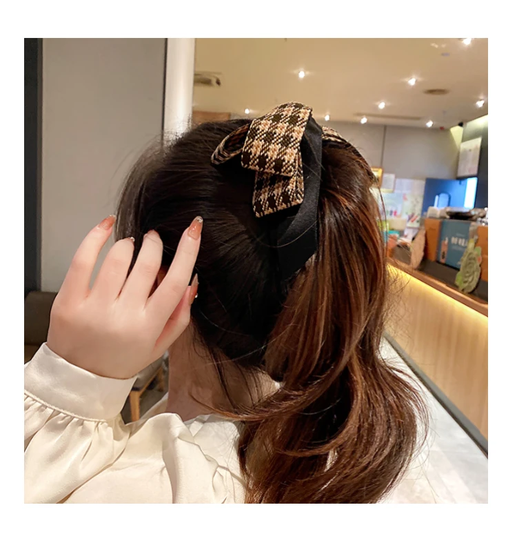 Vintage Green Houndstooth Bow Hairpin Ribbon Banana Clip For Girls High Ponytail Hair Clips Spring Clip Hair Accessories Women