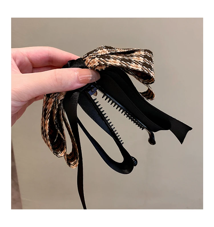 Vintage Green Houndstooth Bow Hairpin Ribbon Banana Clip For Girls High Ponytail Hair Clips Spring Clip Hair Accessories Women