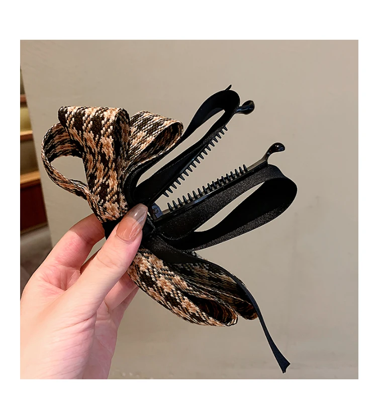 Vintage Green Houndstooth Bow Hairpin Ribbon Banana Clip For Girls High Ponytail Hair Clips Spring Clip Hair Accessories Women