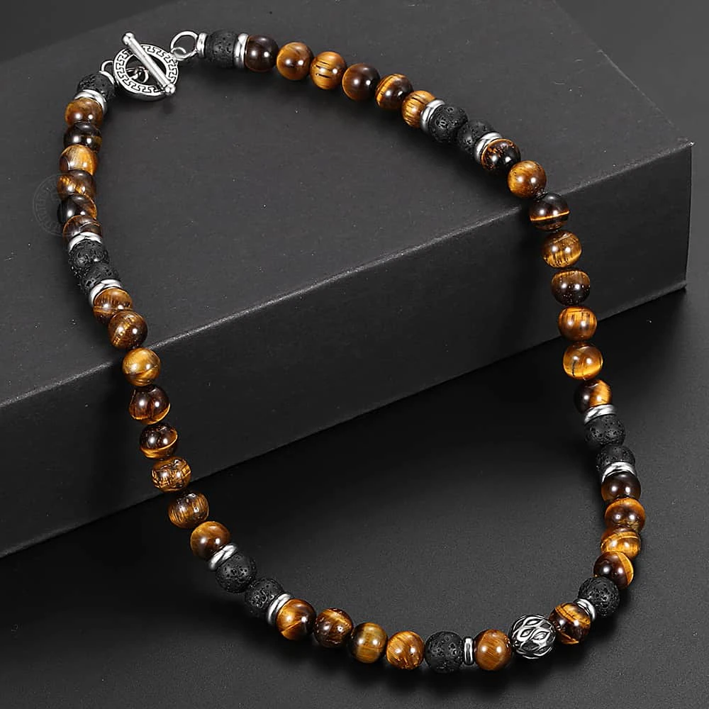 8mm Natural Stone Tiger Eyes Lava Bead Necklace Stainless Steel Beaded Charm Choker Neck Chain Fashion Male Jewelry 18/20inch