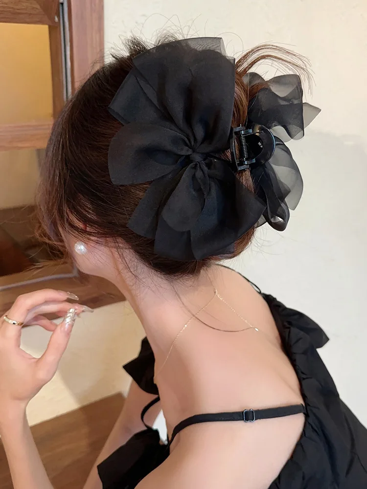 Sweet Mesh Bow Hair Claw Korean Summer Ponytail Hairpin Hair Clips For Women Solid Color Hair Crabs Hair Accessories