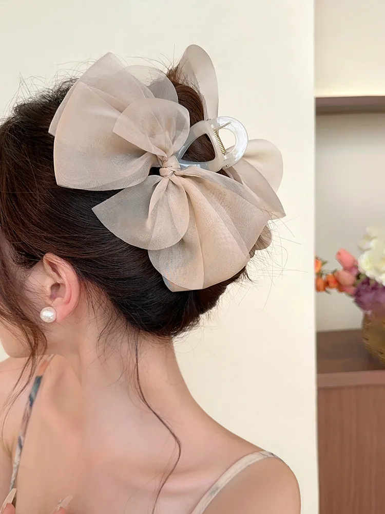 Sweet Mesh Bow Hair Claw Korean Summer Ponytail Hairpin Hair Clips For Women Solid Color Hair Crabs Hair Accessories