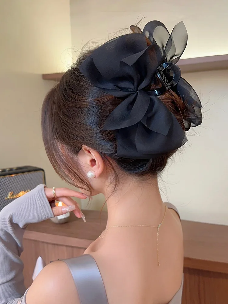 Sweet Mesh Bow Hair Claw Korean Summer Ponytail Hairpin Hair Clips For Women Solid Color Hair Crabs Hair Accessories