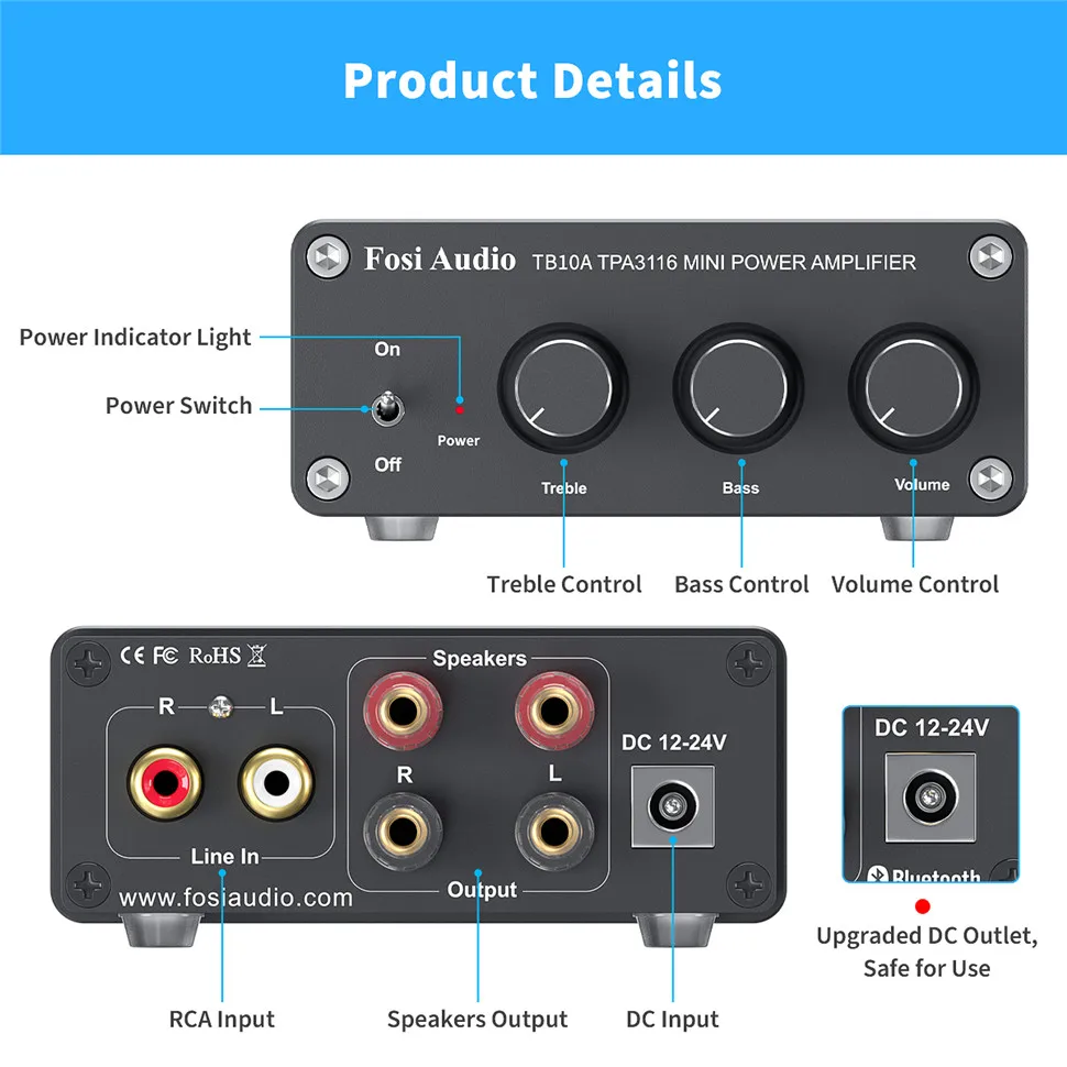 Fosi Audio TPA3116D2 Stereo Amplifier Receiver 2 Channel Mini HiFi Power Amplifier Audio For Home Speakers Bass Treble