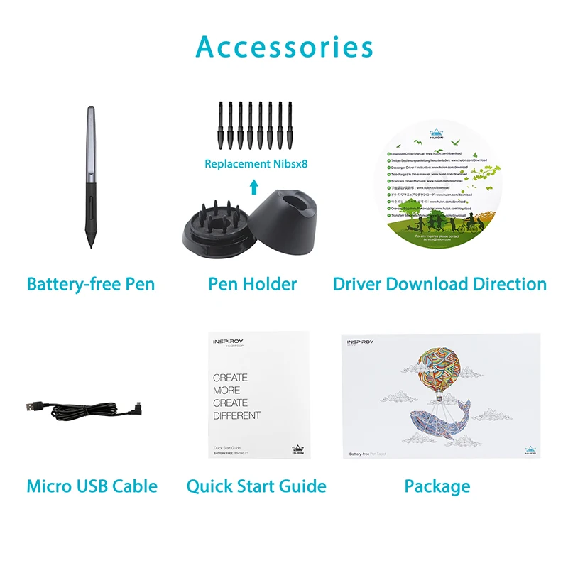 HUION Ultralight Graphic Tablets H640P H950P Digital Tablet Drawing Pen Tablet With Battery-Free Stylus for PC Android Phone