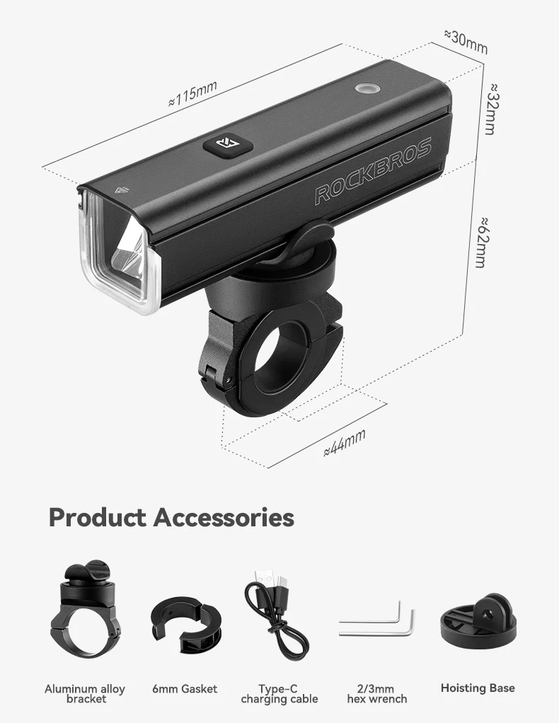 ROCKBROS Bike Light 1500LM5000mAh Type-C Bicycle Light Temperature Control IPX6 Aluminum LED Light Front Lamp Cycling Headlight