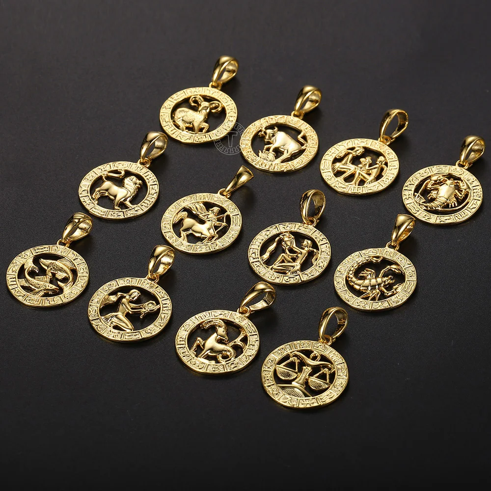 Men's Women's 12 Horoscope Zodiac Sign Gold Color Pendant Necklace Aries Leo Wholesale 12 Constellations Jewelry GPM24