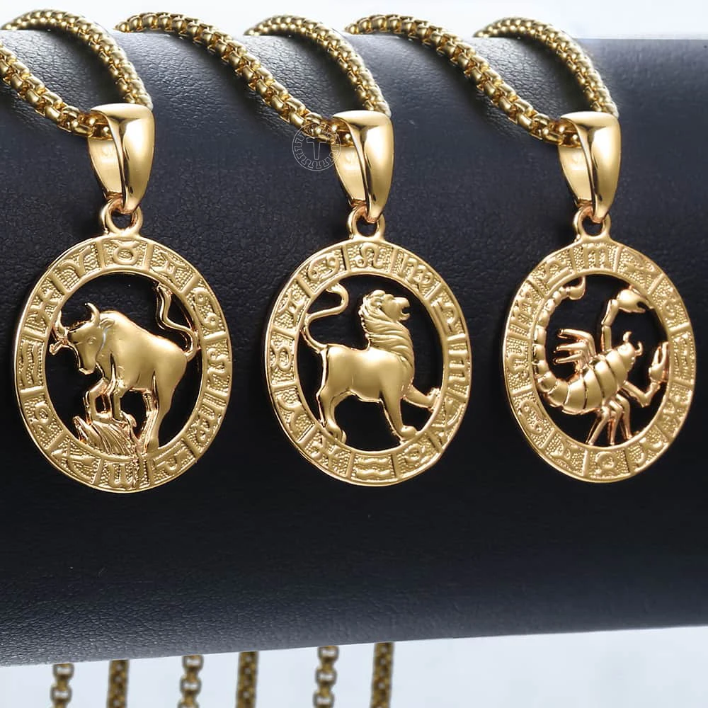Men's Women's 12 Horoscope Zodiac Sign Gold Color Pendant Necklace Aries Leo Wholesale 12 Constellations Jewelry GPM24