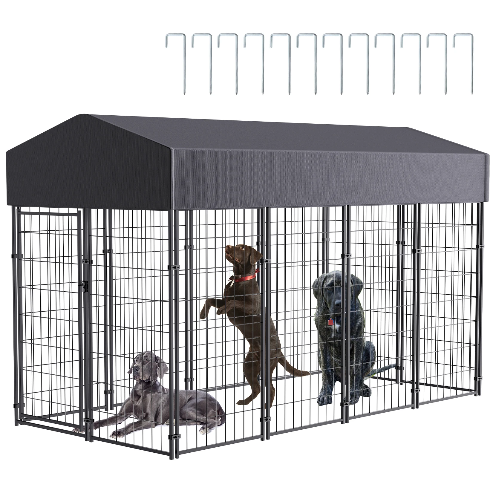 Large Dog Kennel Outdoor Dogs Welded Wire Kennels and Runs Crates for Yard with Stakes Water Proof Cover Canopy