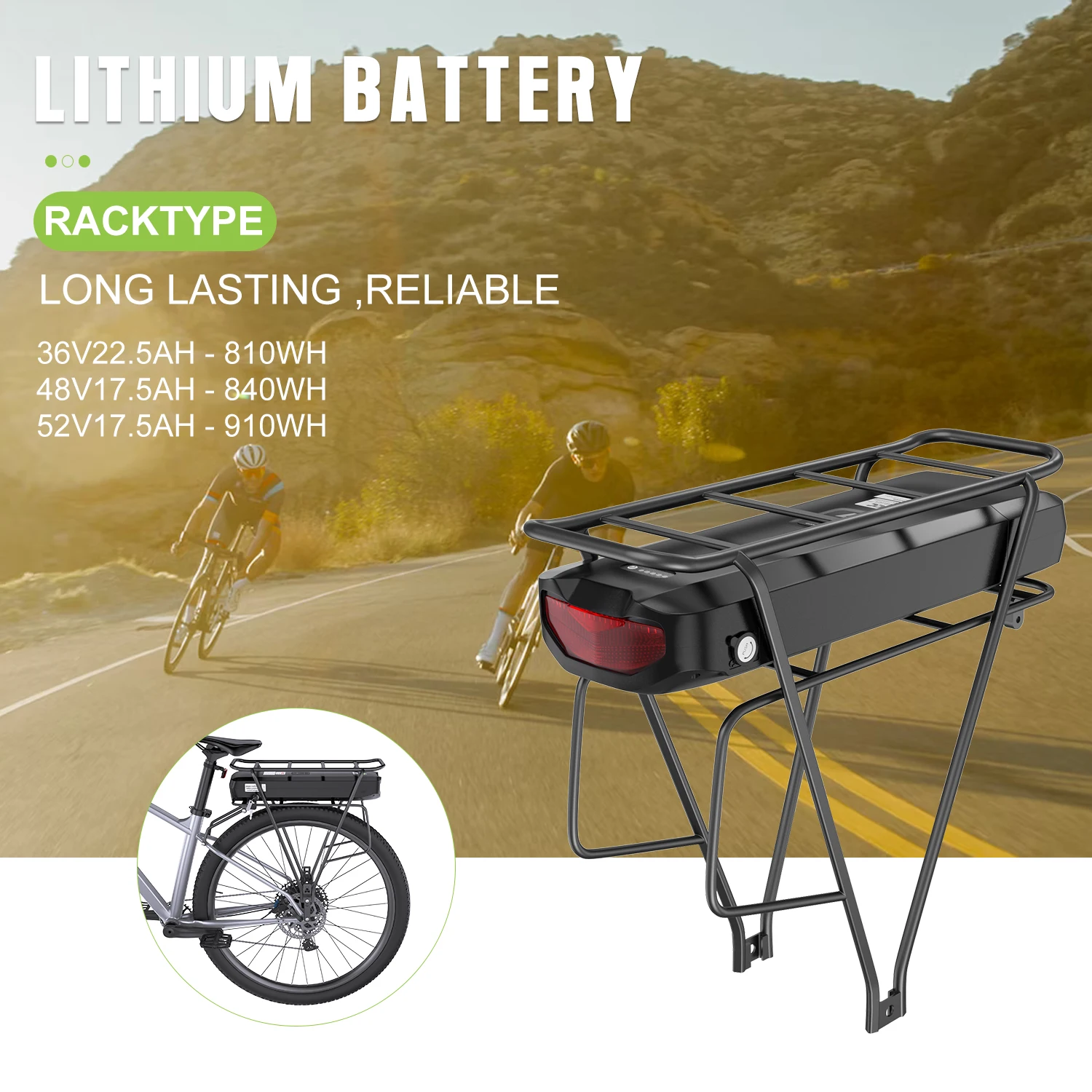 36V 48V 52V Ebike Rear Rack Battery 17.5Ah 20.8Ah 18650 Li-ion Lithium Battery Pack For BAFANG Tongsheng Electric Bike Motor Kit
