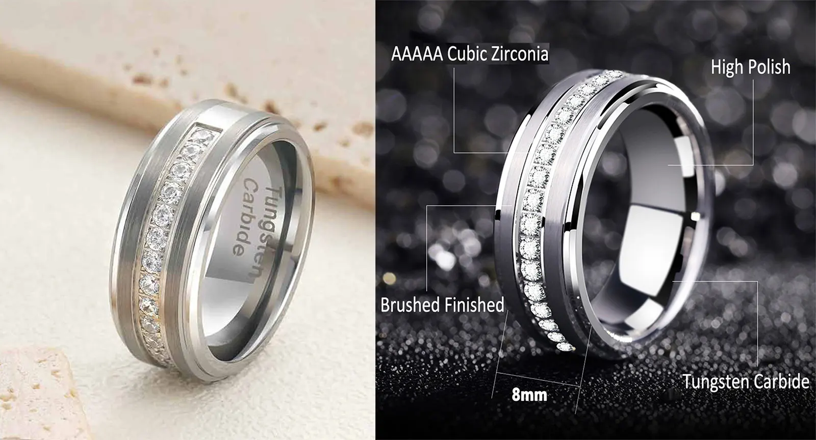 Newshe Men's Wedding Band Brushed Finished Tungsten Carbide Promise Rings for Men Charm Half Eternity Round Zircon Jewelry