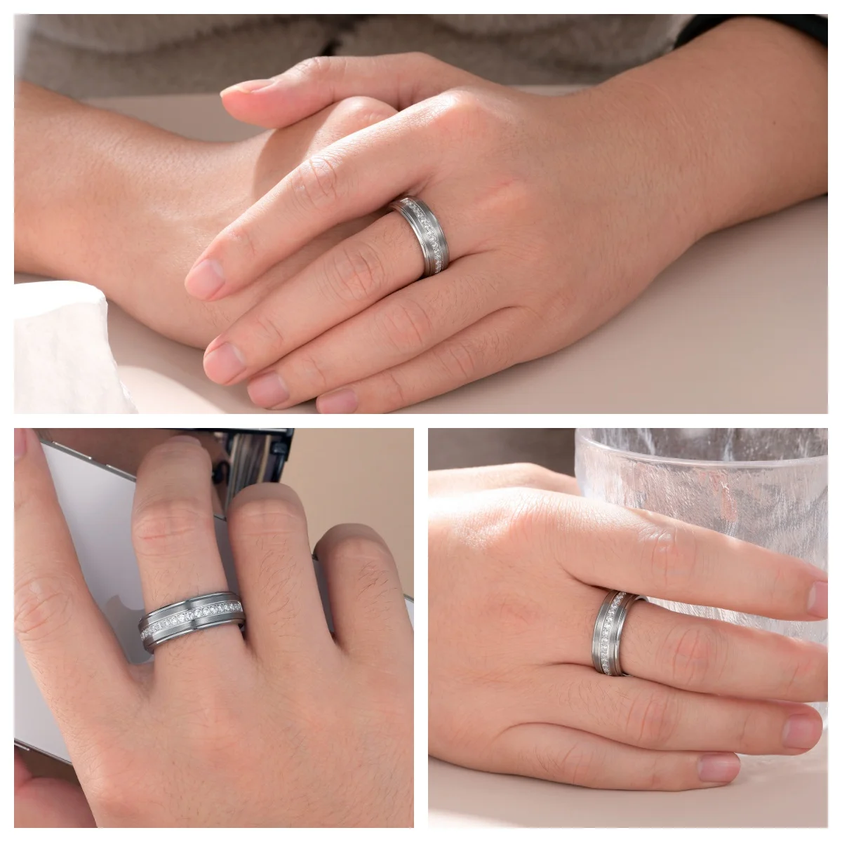 Newshe Men's Wedding Band Brushed Finished Tungsten Carbide Promise Rings for Men Charm Half Eternity Round Zircon Jewelry
