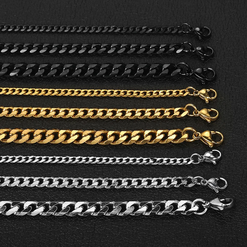 3-11mm Men's Bracelets Stainless Steel Curb Cuban Link Chain Black Gold Color Silver Color Bracelet For Women Jewelry KBM03