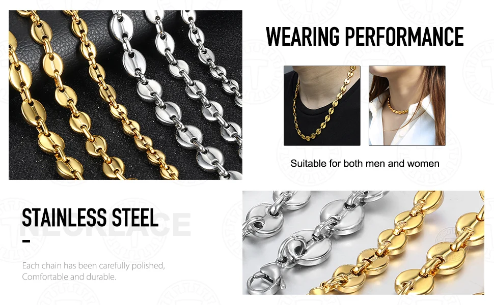 Coffee Beans Link Chain 7/9/11MM Necklace Gold Color Silver Color Stainless Steel Men Women Geometric Rope Jewelry Wholesale