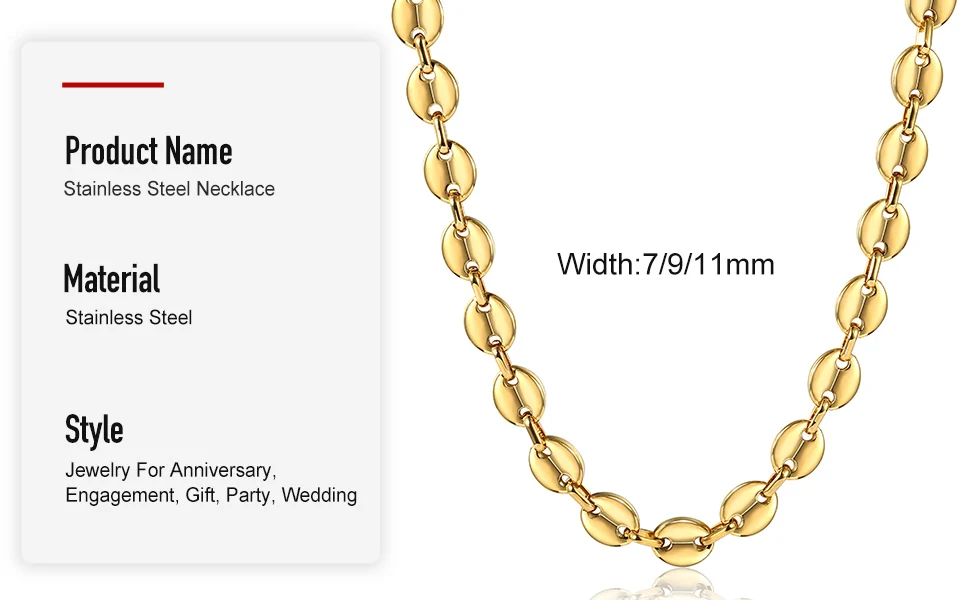 Coffee Beans Link Chain 7/9/11MM Necklace Gold Color Silver Color Stainless Steel Men Women Geometric Rope Jewelry Wholesale