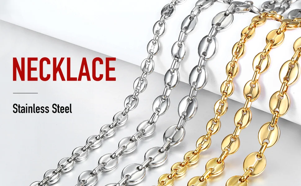 Coffee Beans Link Chain 7/9/11MM Necklace Gold Color Silver Color Stainless Steel Men Women Geometric Rope Jewelry Wholesale