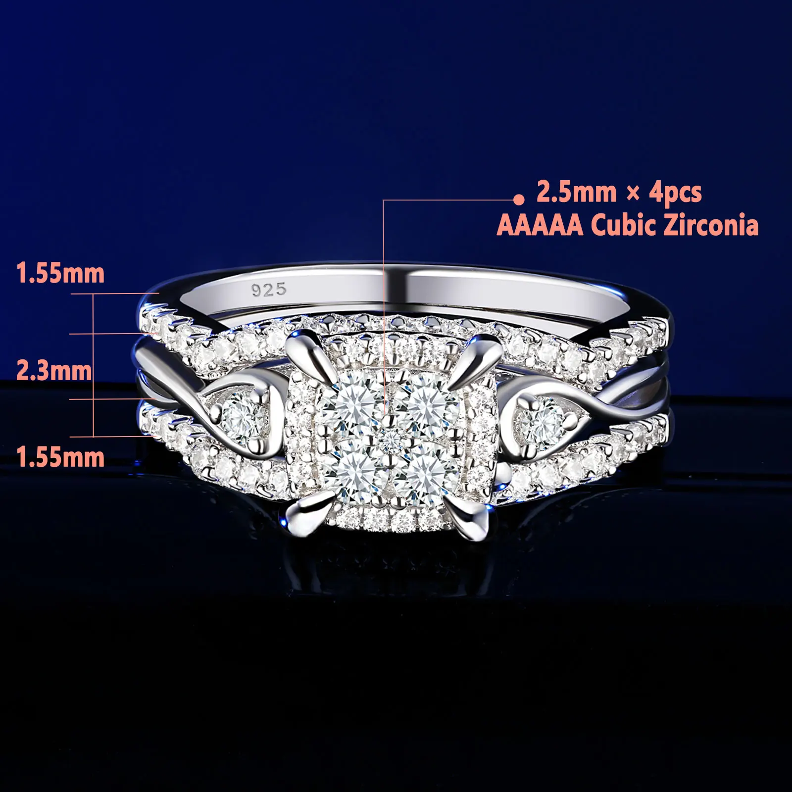 Newshe 2pcs / 3pcs Bridal Rings Set for Women Solid 925 Sterling Silver Engagement Ring Wedding Bands Halo Round Cut 5A Zircons