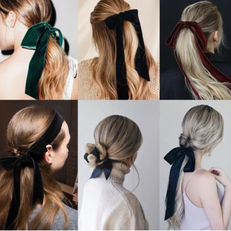 Fashion Vintage Black Velvet Bow Hair Ribbon Scrunchie for Women Girls Long Elastic Hair Tie Headwear Female Hair Accessories