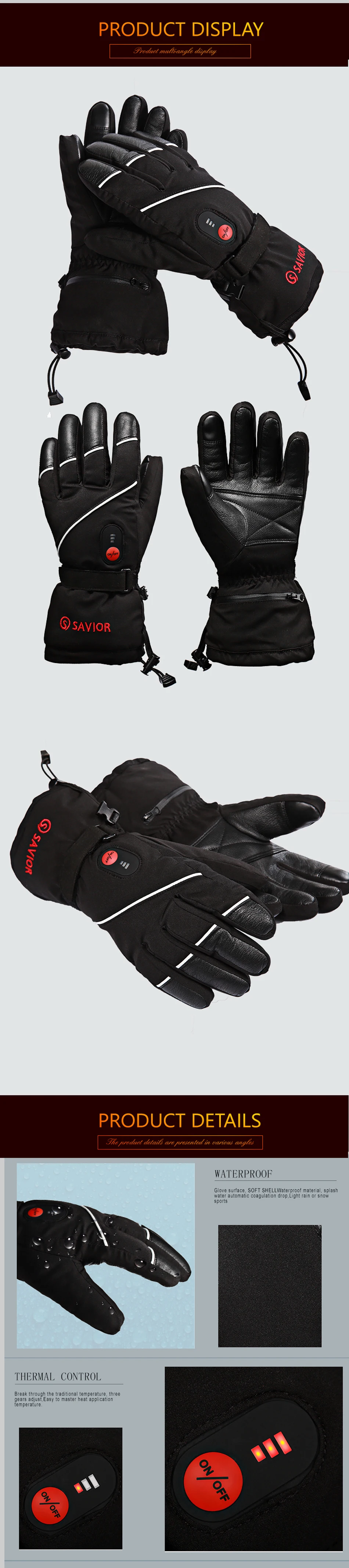 Savior Heat Battery Heated Motorcycle Gloves Goat Skin Leather 3 Shift Temperature Control Waterproof Electric Heated Gloves