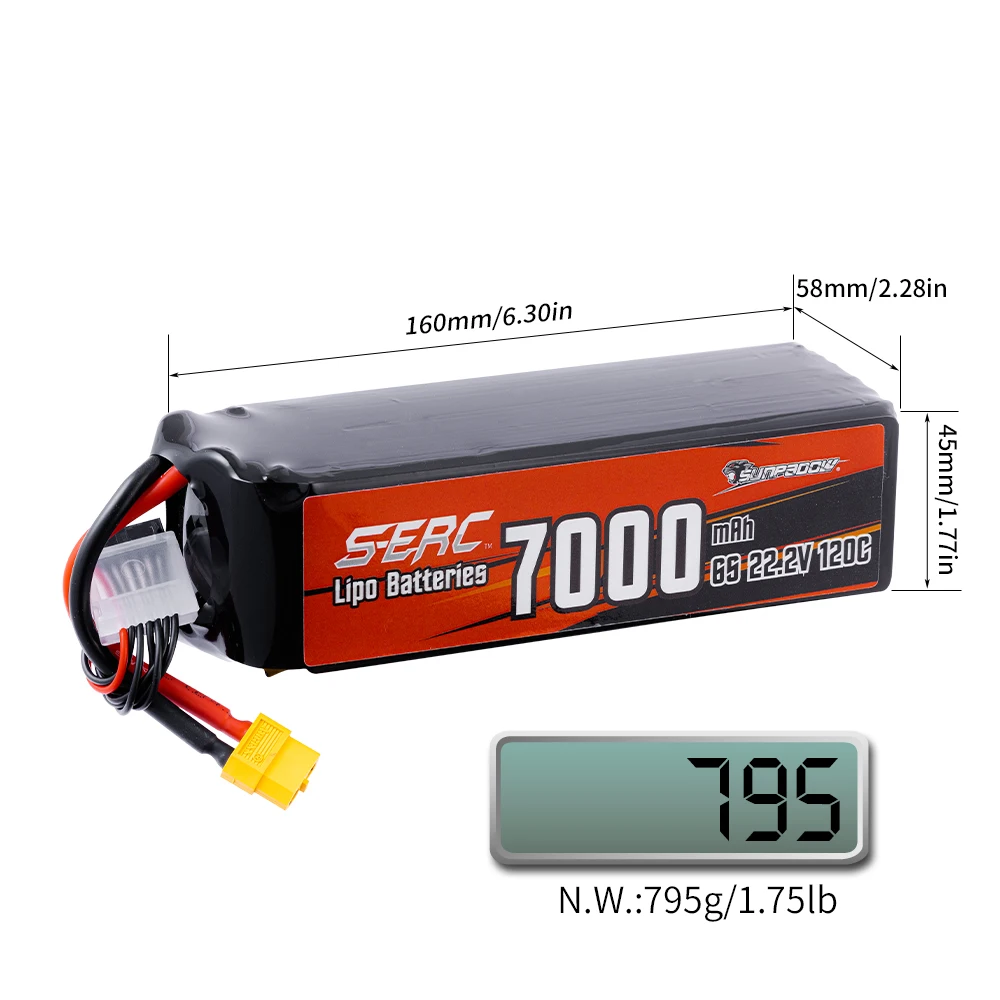 SUNPADOW 6S Lipo Battery 22.2V 5100mAh 7000mAh 60C 120C with XT60 XT90 Plug with RC Airplane Quadcopter Helicopter Drone FPV