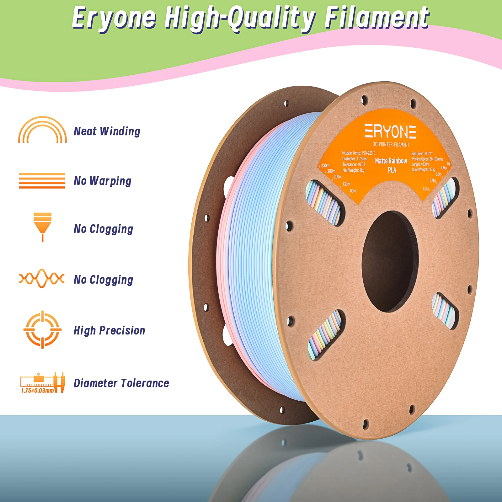 ERYONE 5KG Matte Rainbow PLA 3D Print Premium Filament, Macaron+Watercolor, PLA Matte Rainbow Filament Wholesale Big Sale