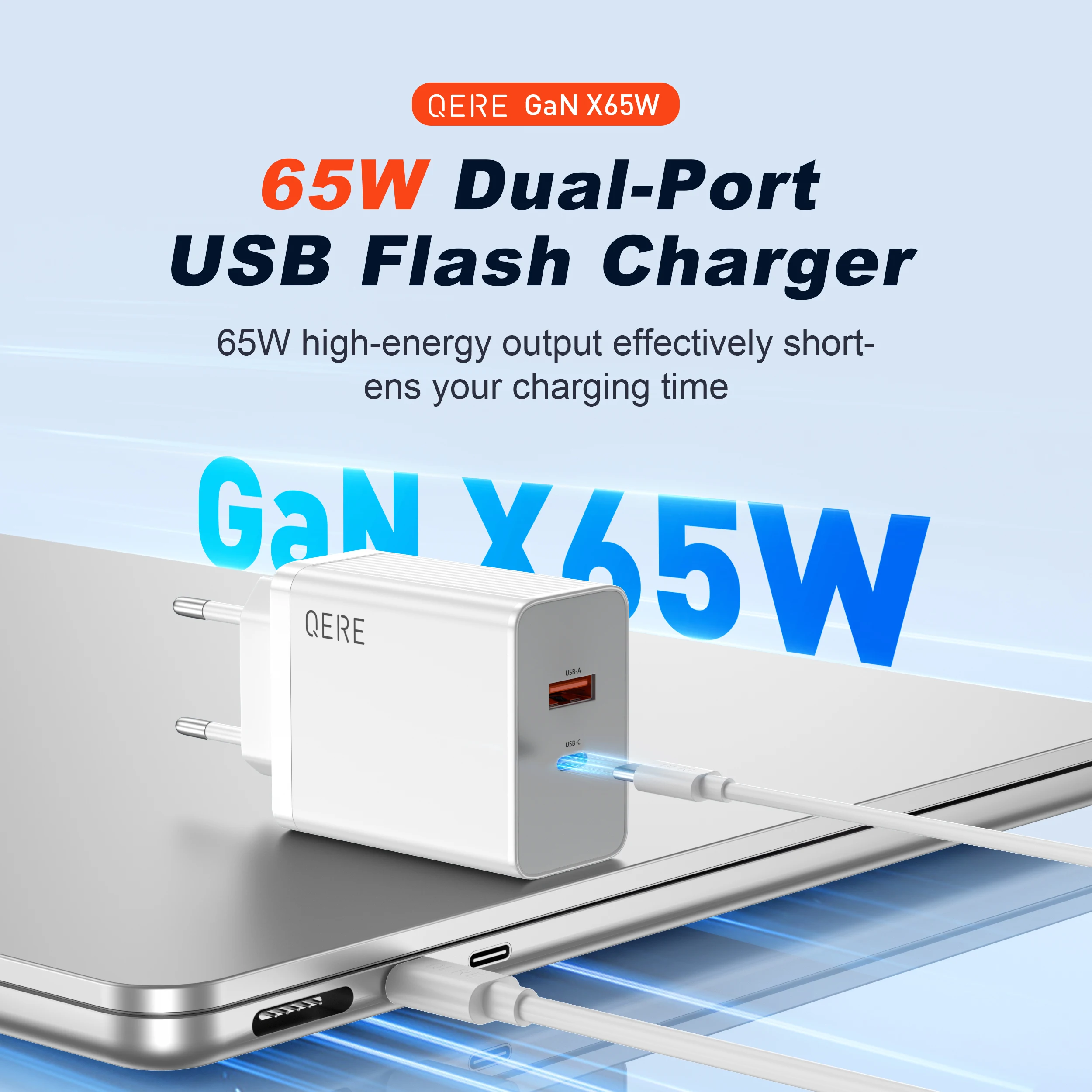QERE Fast Charger PD 65W GaN Phone Universal Adapters EU Plug Safe Type C USB Intelligent Lightning Fast Charging Mini Portable