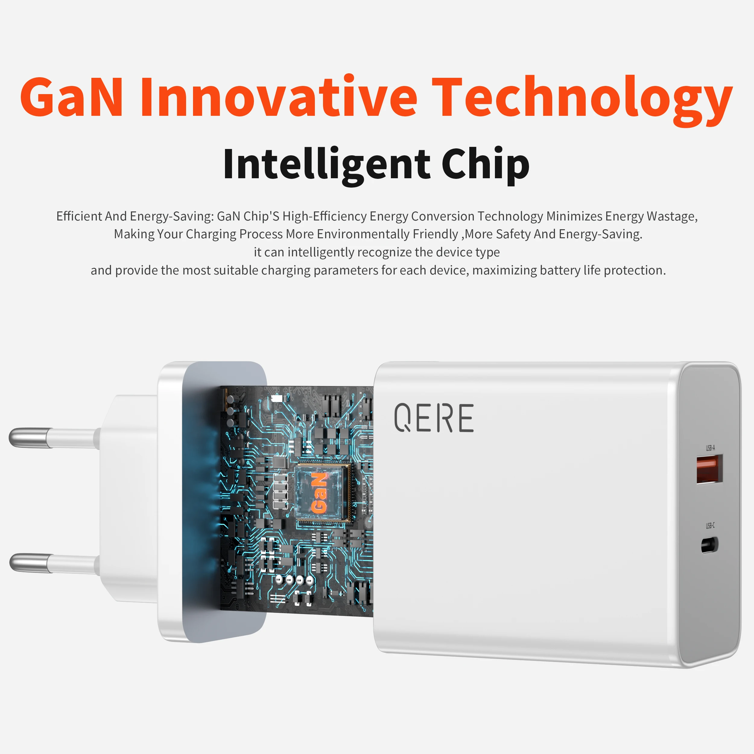 QERE Fast Charger PD 65W GaN Phone Universal Adapters EU Plug Safe Type C USB Intelligent Lightning Fast Charging Mini Portable