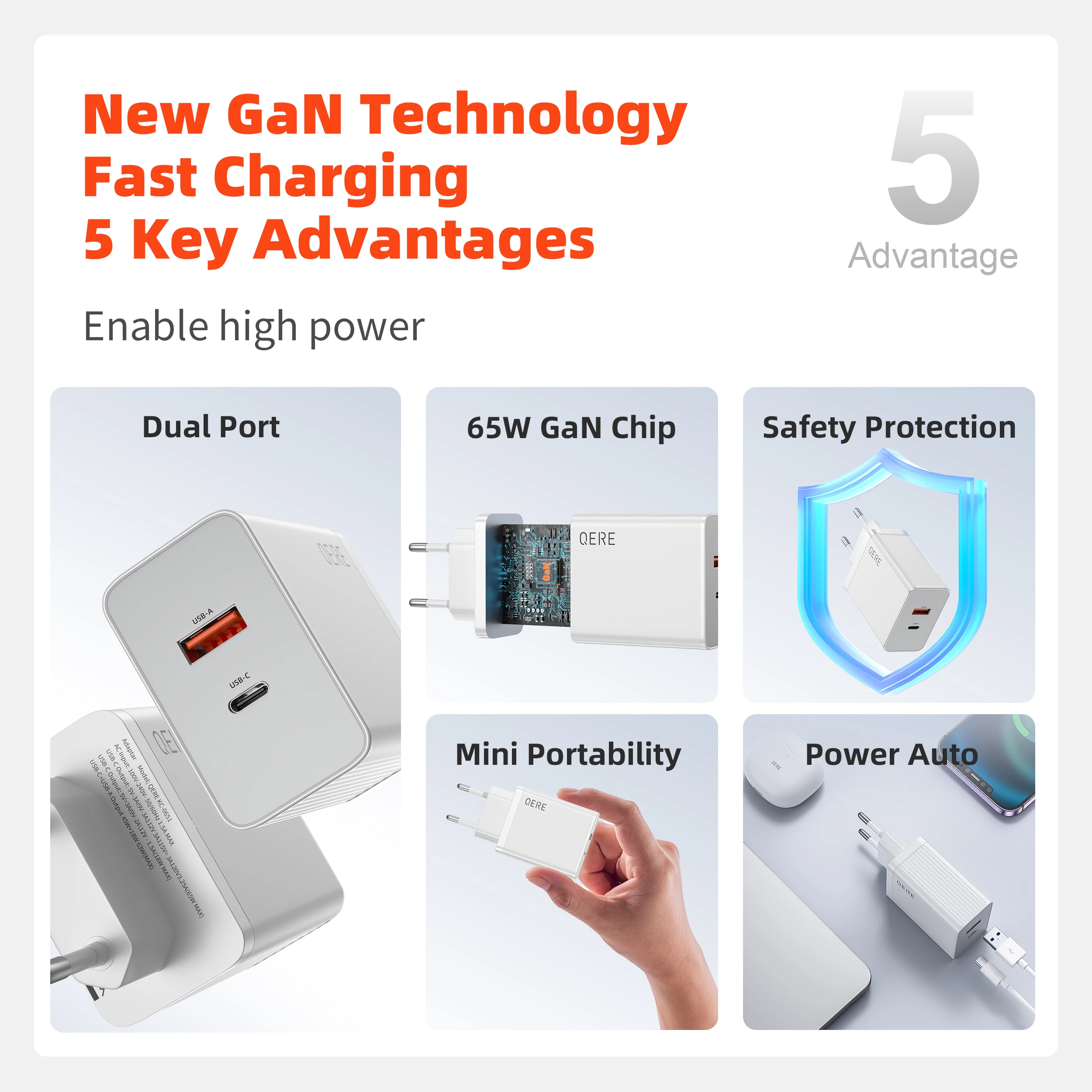 QERE Fast Charger PD 65W GaN Phone Universal Adapters EU Plug Safe Type C USB Intelligent Lightning Fast Charging Mini Portable