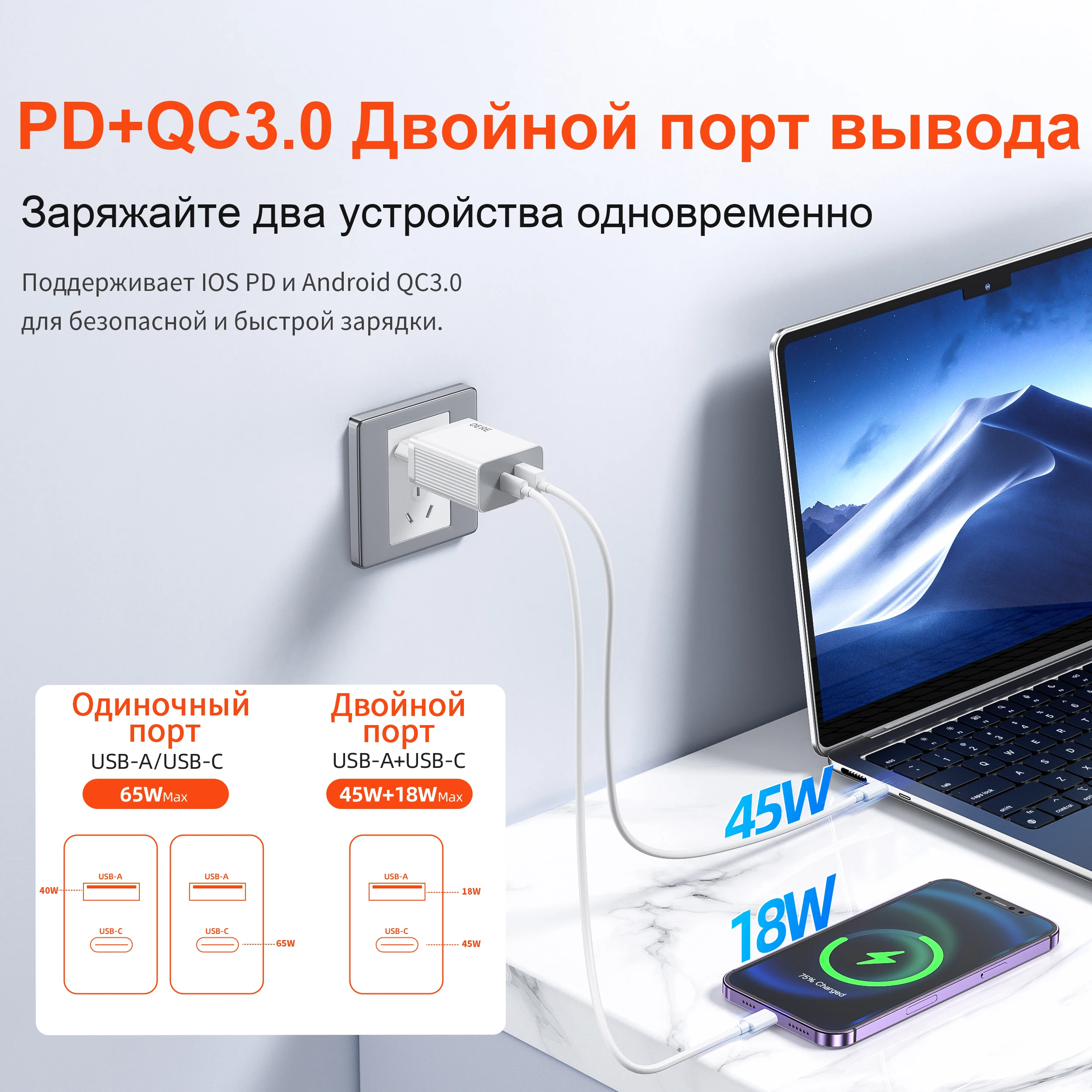 QERE Fast Charger PD 65W GaN Phone Universal Adapters EU Plug Safe Type C USB Intelligent Lightning Fast Charging Mini Portable