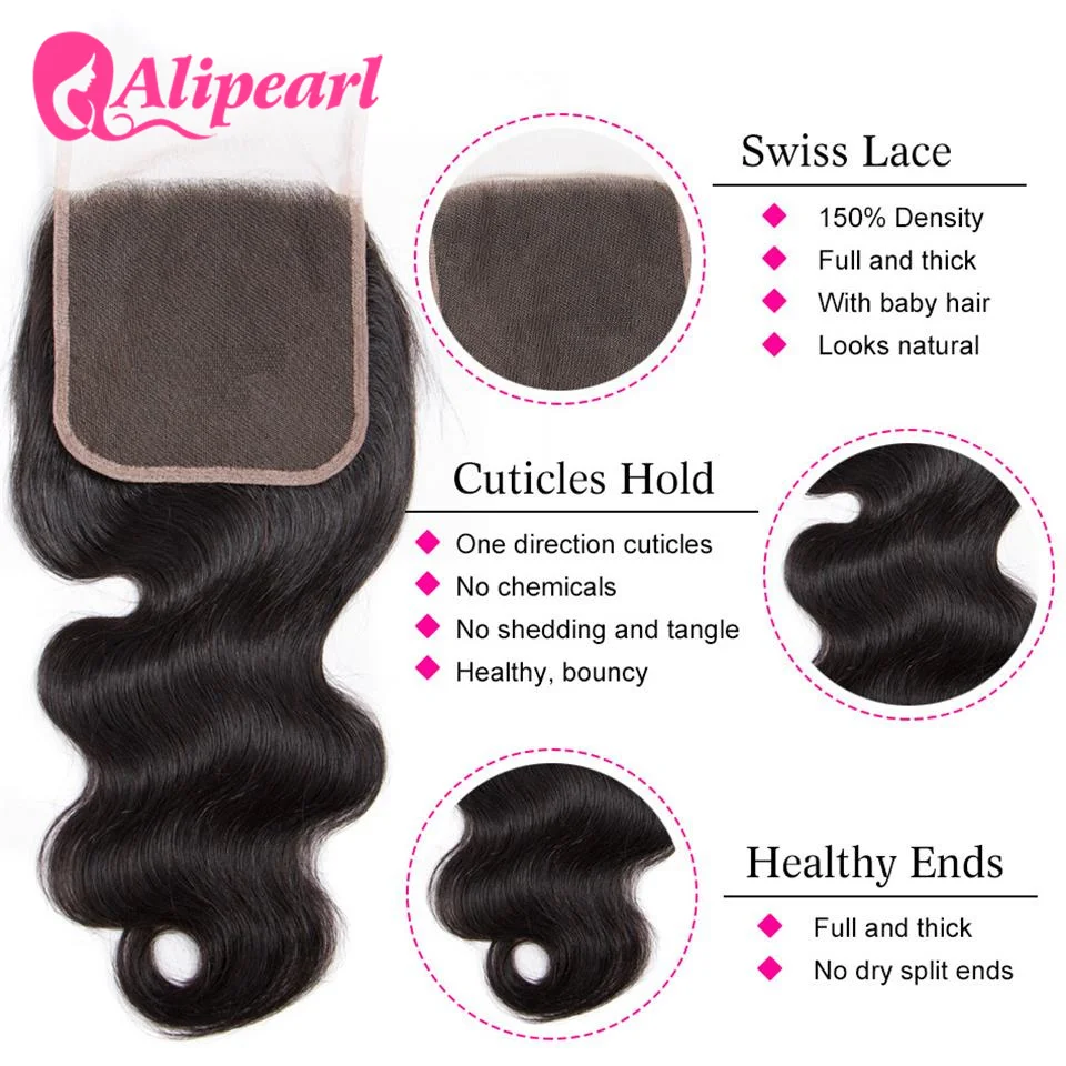 AliPearl Hair Transparent Lace 6x6 Closure Brazilian Body Wave Human Hair Pre Plucked with Body Hair Body Wave 6x6 Lace Closure