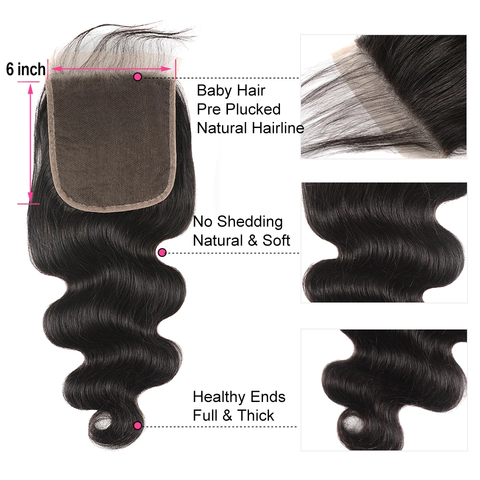 AliPearl Hair Transparent Lace 6x6 Closure Brazilian Body Wave Human Hair Pre Plucked with Body Hair Body Wave 6x6 Lace Closure