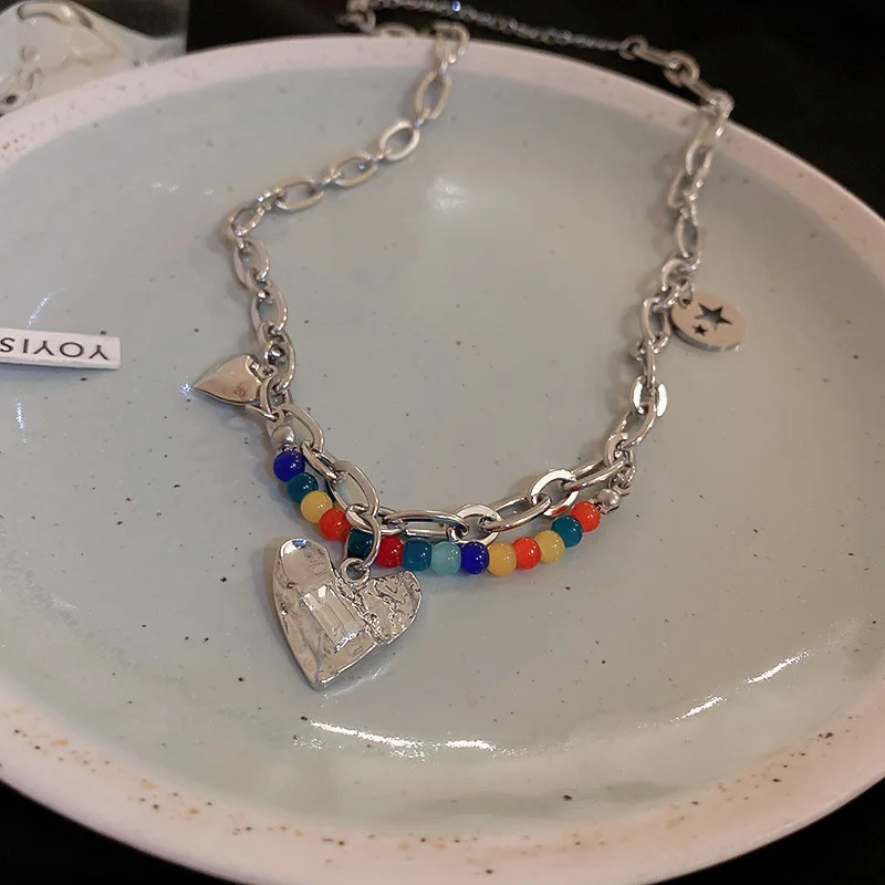 NEW Colorful Hollow out Love Pendant Double layer Chain Pearl Metal Necklace for Women Girls Punk Trendy Jewelry