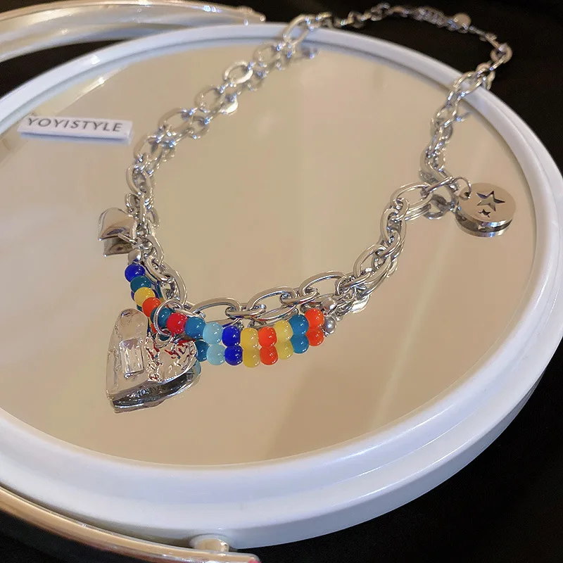 NEW Colorful Hollow out Love Pendant Double layer Chain Pearl Metal Necklace for Women Girls Punk Trendy Jewelry