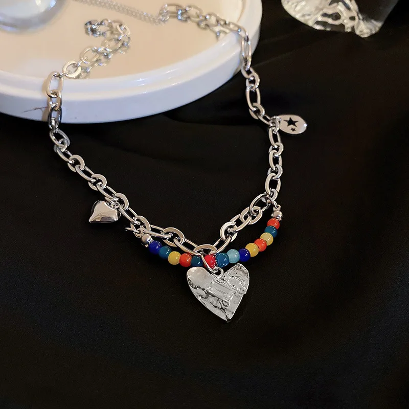 NEW Colorful Hollow out Love Pendant Double layer Chain Pearl Metal Necklace for Women Girls Punk Trendy Jewelry