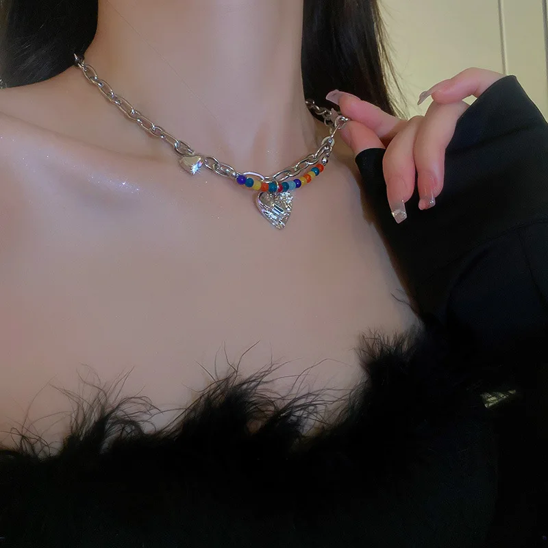 NEW Colorful Hollow out Love Pendant Double layer Chain Pearl Metal Necklace for Women Girls Punk Trendy Jewelry