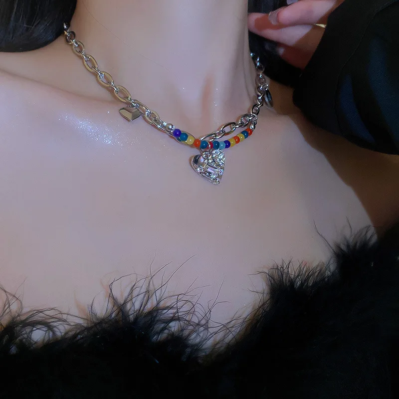 NEW Colorful Hollow out Love Pendant Double layer Chain Pearl Metal Necklace for Women Girls Punk Trendy Jewelry