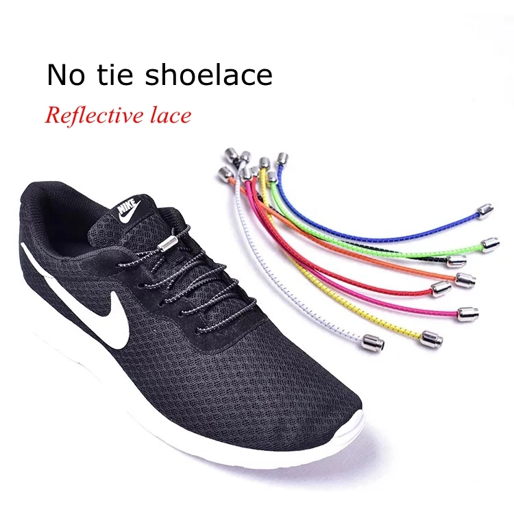 1Pair New Reflective Elastic Shoelaces Metal Tip Shoelace Round No Tie Shoelaces Convenient Quick Lock Laces Unisex Shoe Laces