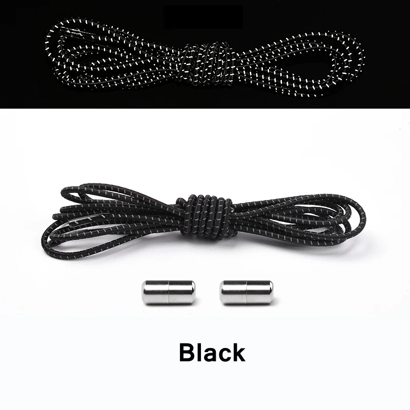 1Pair New Reflective Elastic Shoelaces Metal Tip Shoelace Round No Tie Shoelaces Convenient Quick Lock Laces Unisex Shoe Laces