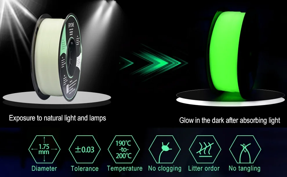 Eryone 1KG Glow In The Dark PLA Filament Premium 3D Print 1.75mm (Absorbs Sunlight or Daylight), PLA Filament Glow in The Dark