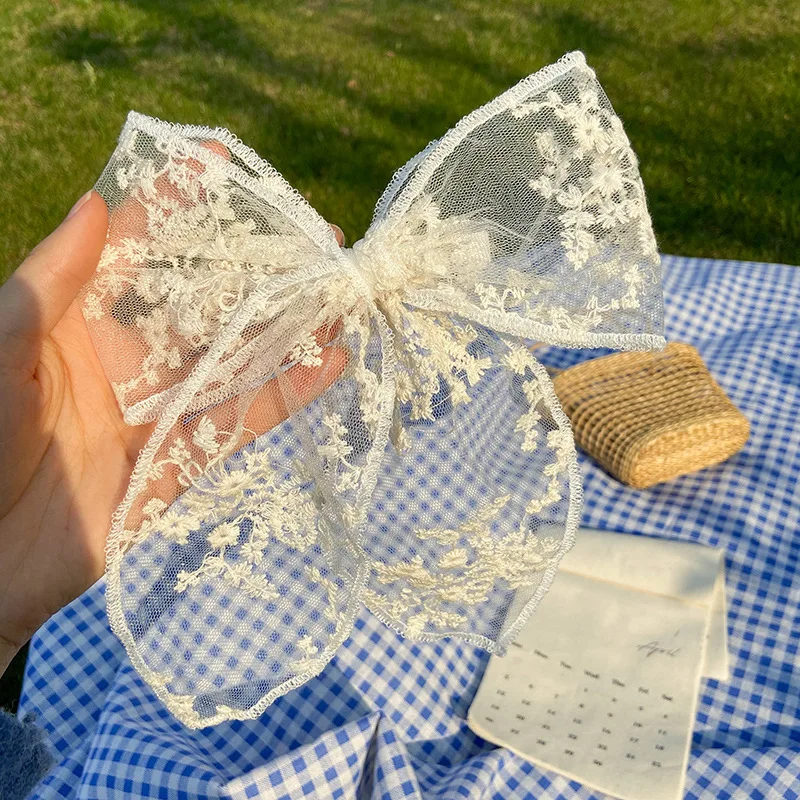 Summer Vacation Lace Hair Clip Black White Bow Knot Hair Barrettes For Women Ponytail Elegant Hairclip With Mesh Bow