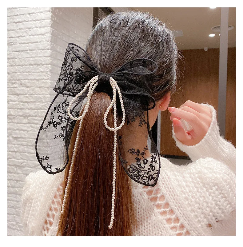 Summer Vacation Lace Hair Clip Black White Bow Knot Hair Barrettes For Women Ponytail Elegant Hairclip With Mesh Bow