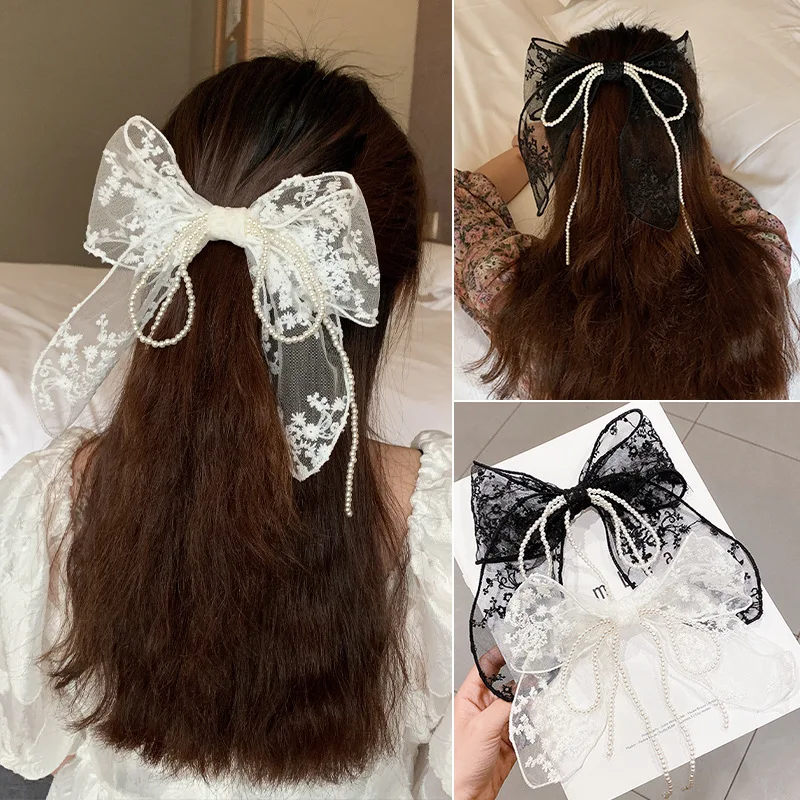 Summer Vacation Lace Hair Clip Black White Bow Knot Hair Barrettes For Women Ponytail Elegant Hairclip With Mesh Bow