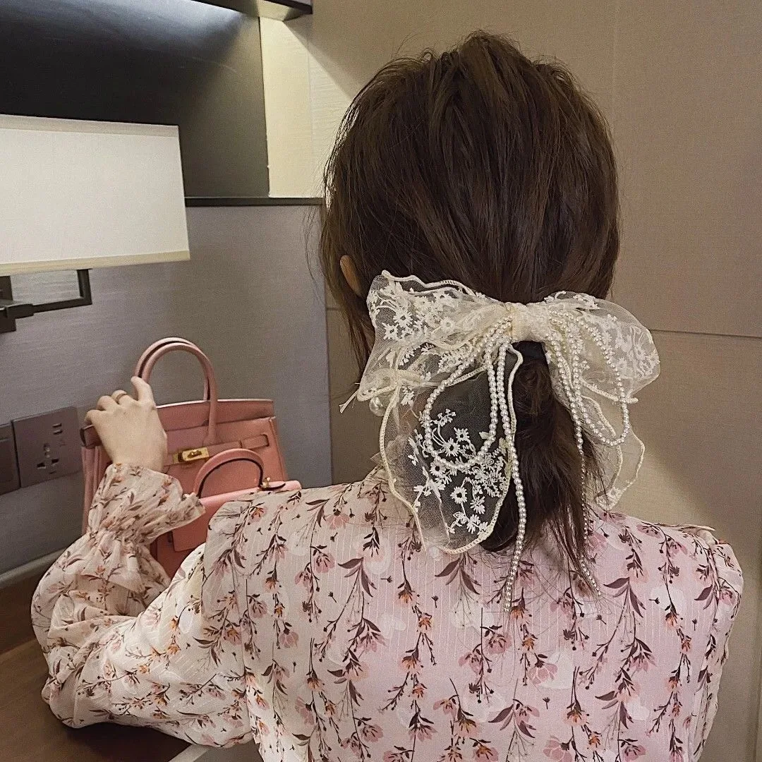 Summer Vacation Lace Hair Clip Black White Bow Knot Hair Barrettes For Women Ponytail Elegant Hairclip With Mesh Bow