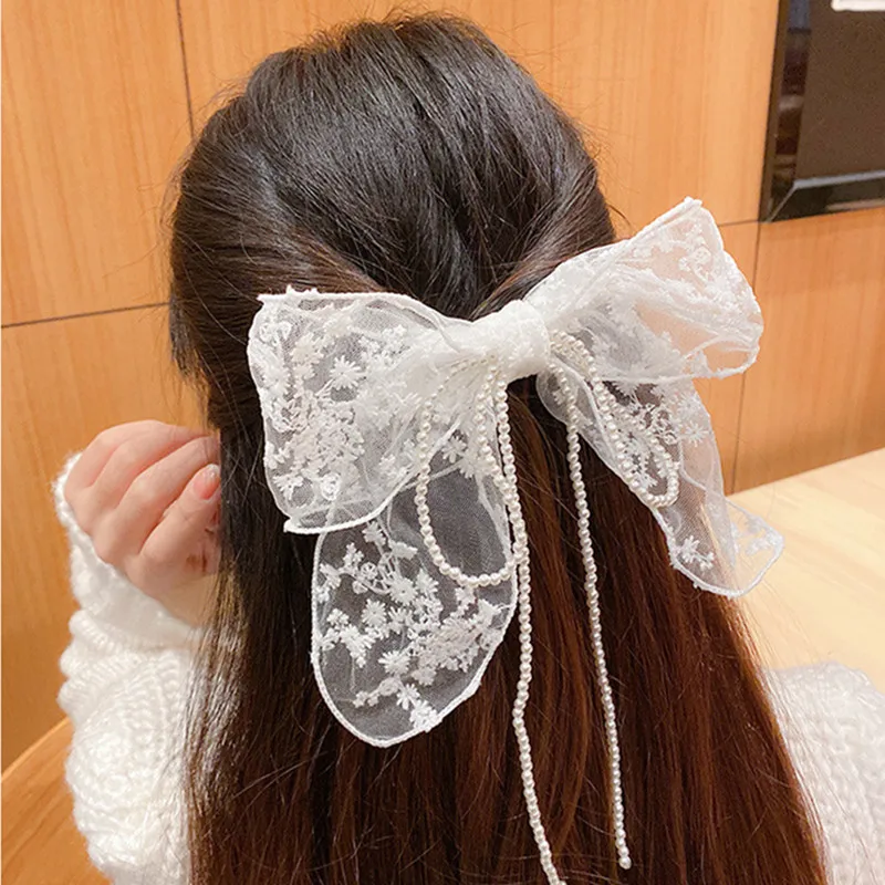 Summer Vacation Lace Hair Clip Black White Bow Knot Hair Barrettes For Women Ponytail Elegant Hairclip With Mesh Bow