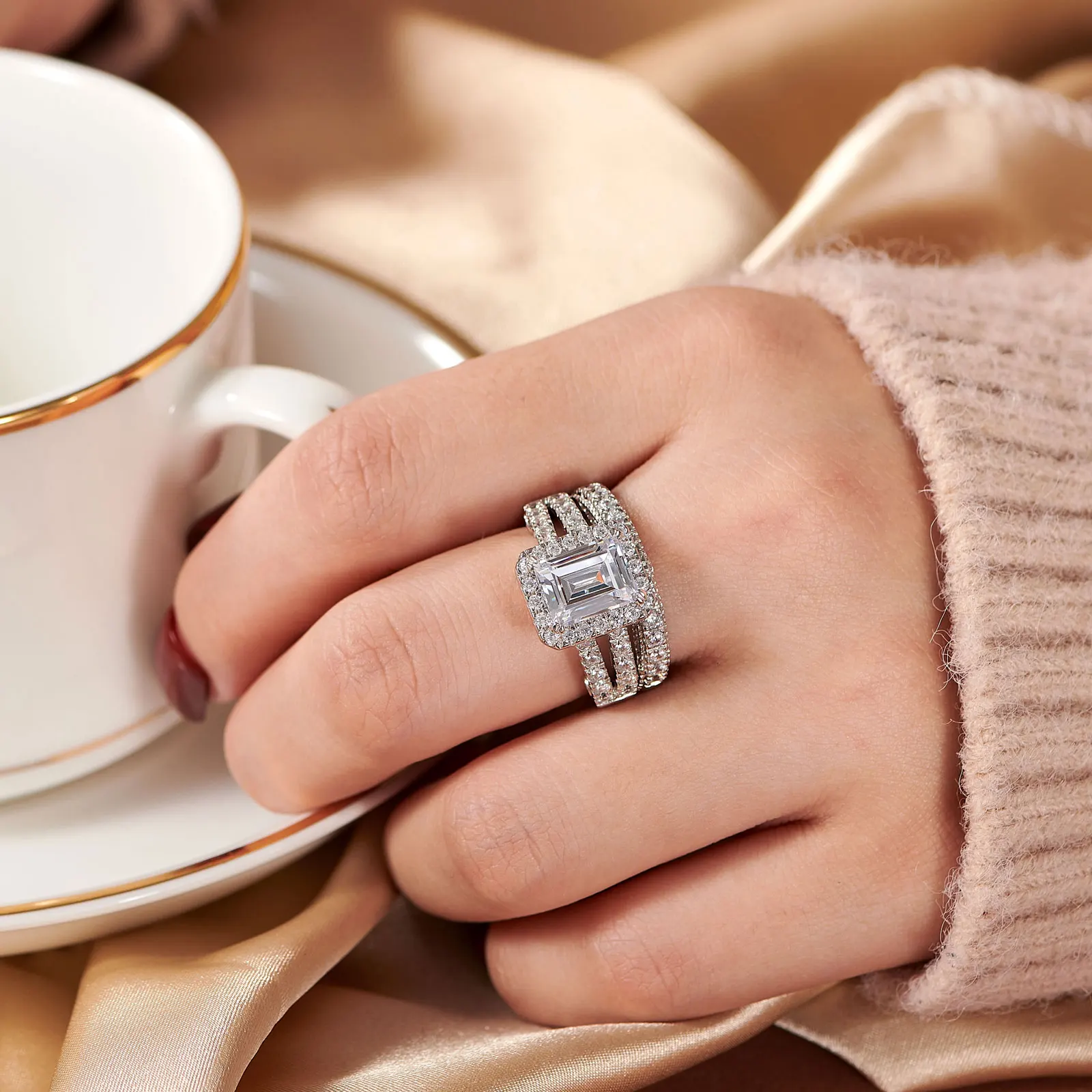 Newshe 925 Sterling Silver Vintage Emerald Cut AAAAA Cubic Zircon Wedding Engagement Rings for Women Bridal Set Fine Jewelry