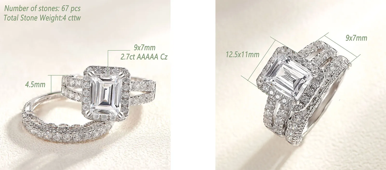 Newshe 925 Sterling Silver Vintage Emerald Cut AAAAA Cubic Zircon Wedding Engagement Rings for Women Bridal Set Fine Jewelry