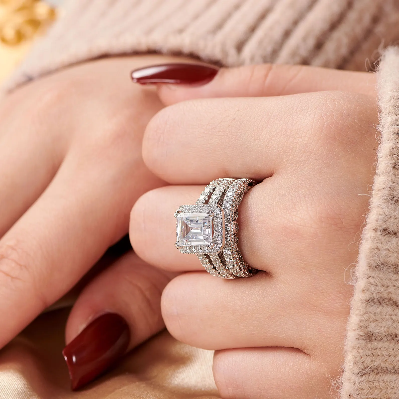 Newshe 925 Sterling Silver Vintage Emerald Cut AAAAA Cubic Zircon Wedding Engagement Rings for Women Bridal Set Fine Jewelry